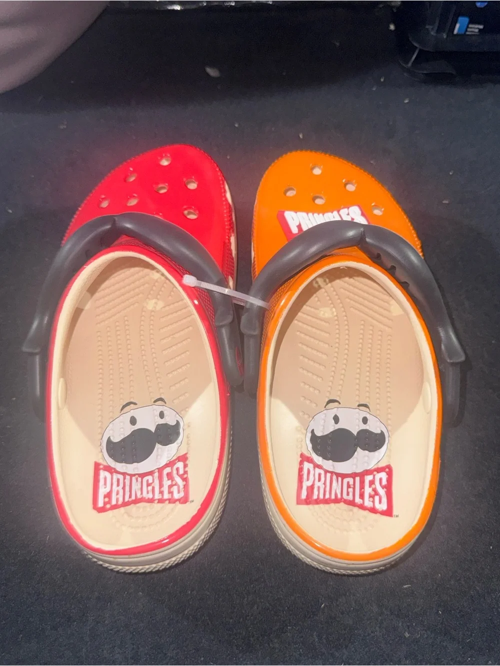 Pringles Crocs Orange and Red Sandals with Black Moustache